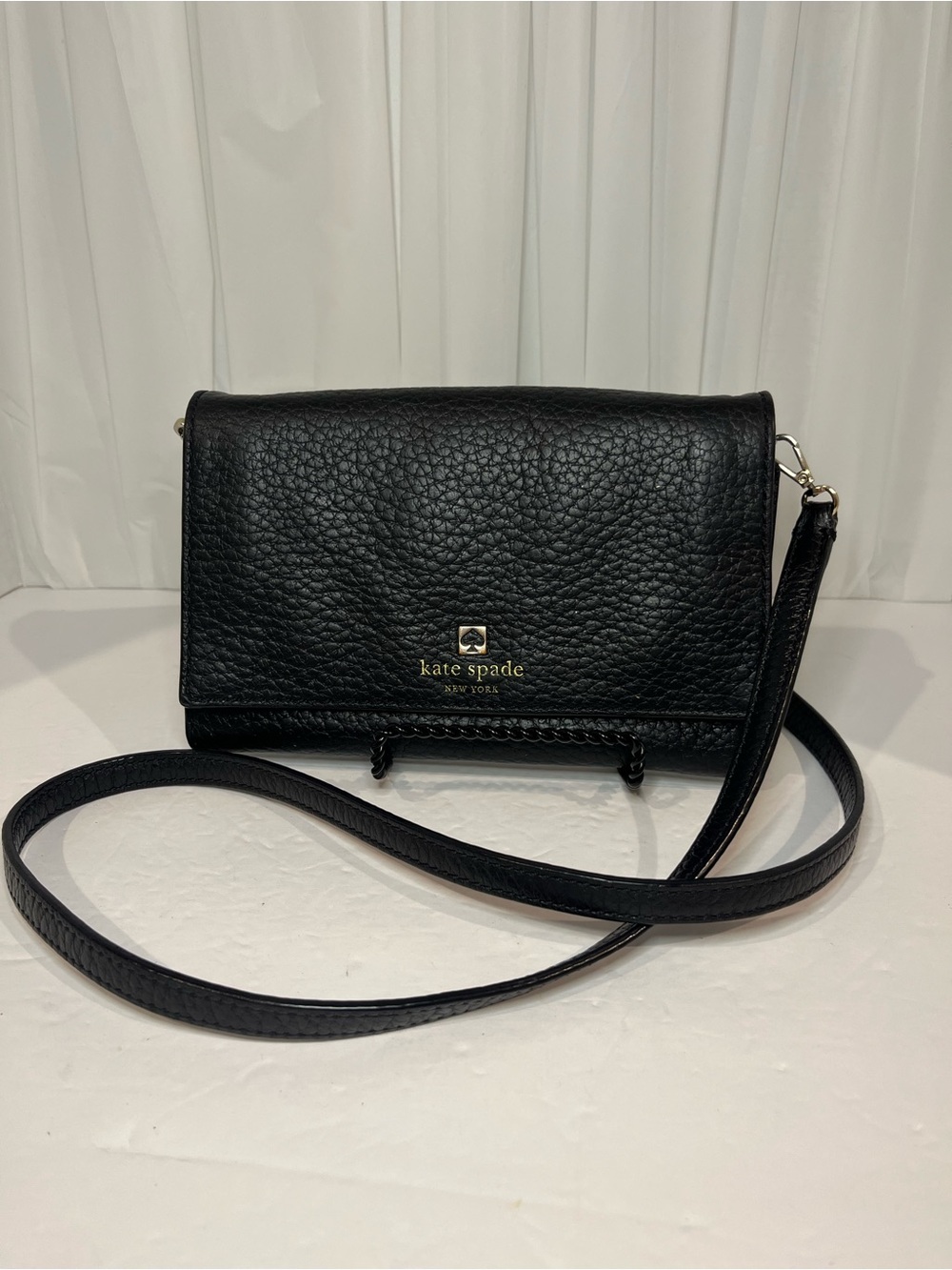 kate spade Black Pebbled Leather Flap Crossbody with Gold Logo
